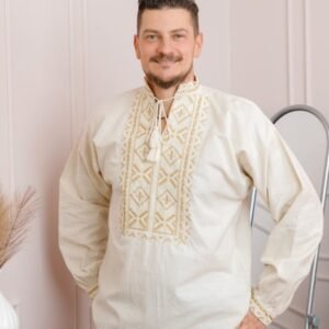 Camasa barbateasca traditionala crem cu motiv geometric auriu Silviu 02