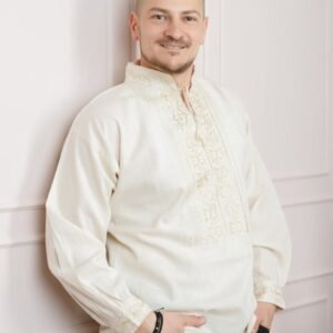 Camasa barbateasca traditionala crem cu motiv geometric auriu Teodor 01