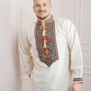 Camasa barbateasca traditionala crem cu motiv geometric orange Fabian
