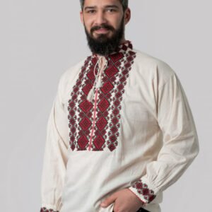 Camasa barbateasca traditionala crem cu motiv geometric rosu Calin 02