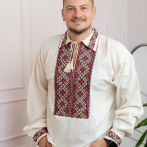 Camasa barbateasca traditionala crem cu motiv geometric rosu Laurentiu