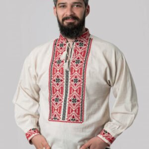 Camasa barbateasca traditionala crem cu motiv geometric rosu Paul 01
