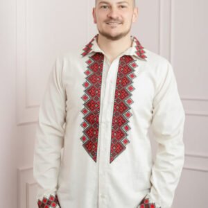 Camasa barbateasca traditionala crem cu motiv geometric rosu Petru 04
