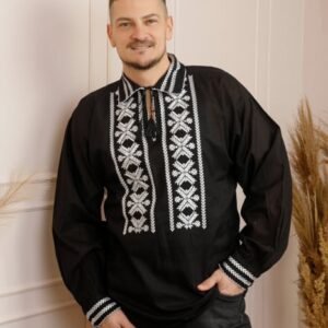 Camasa barbateasca traditionala neagra cu motiv floral alb Vladimir