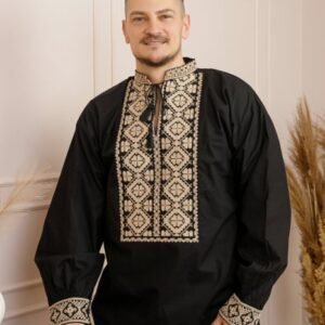Camasa barbateasca traditionala neagra cu motiv floral crem Filip