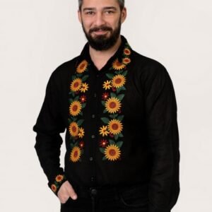 Camasa barbateasca traditionala neagra cu motiv floral galben Darius