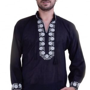 Camasa barbateasca traditionala neagra cu motiv geometric alb Andrei