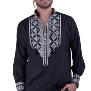 Camasa barbateasca traditionala neagra cu motiv geometric alb Tudor