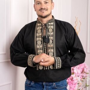 Camasa barbateasca traditionala neagra cu motiv geometric auriu Robert 01