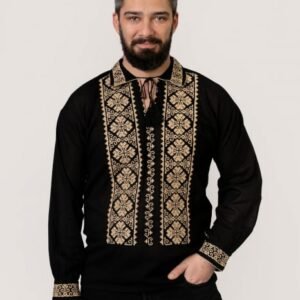 Camasa barbateasca traditionala neagra cu motiv geometric crem Bogdan 01