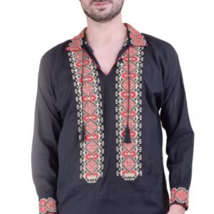 Camasa barbateasca traditionala neagra cu motiv geometric multicolor Constantin