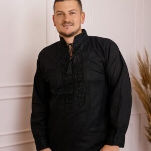 Camasa barbateasca traditionala neagra cu motiv geometric negru Teodor 02