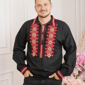 Camasa barbateasca traditionala neagra cu motiv geometric rosu Ivan 03