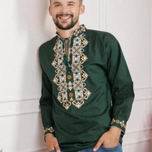 Camasa barbateasca traditionala verde cu motiv floral crem Codrin