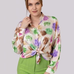 Camasa crem cu imprimeu floral si nod in talie