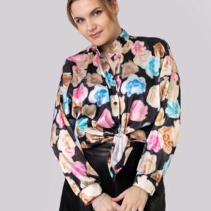 Camasa neagra cu imprimeu floral si nod in talie