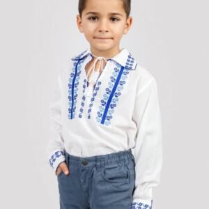 Camasa traditionala de baieti alba cu motiv floral albastru Albert