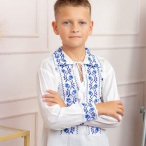 Camasa traditionala de baieti alba cu motiv floral albastru Alin 01