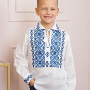 Camasa traditionala de baieti alba cu motiv floral albastru Codin