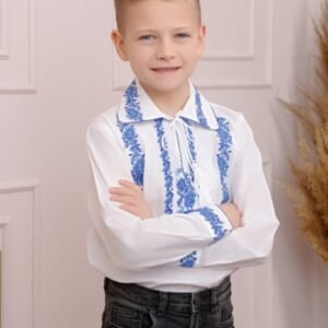 Camasa traditionala de baieti alba cu motiv floral albastru Cristian 02
