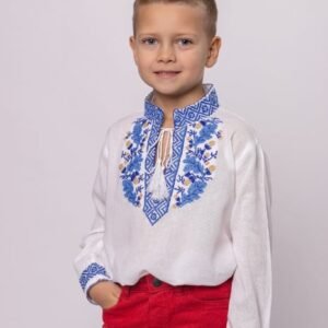 Camasa traditionala de baieti alba cu motiv floral albastru Dominic 02