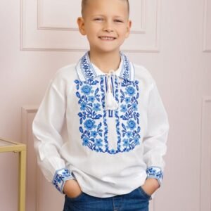 Camasa traditionala de baieti alba cu motiv floral albastru Iulian