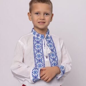 Camasa traditionala de baieti alba cu motiv floral albastru Laurentiu 01