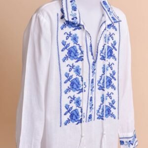 Camasa traditionala de baieti alba cu motiv floral albastru Liviu 01