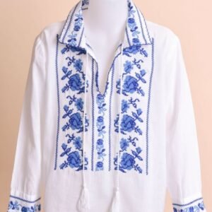 Camasa traditionala de baieti alba cu motiv floral albastru Liviu 01