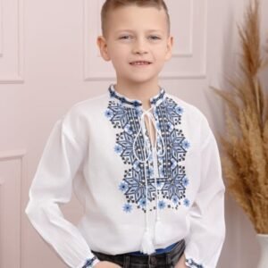 Camasa traditionala de baieti alba cu motiv floral albastru Marius