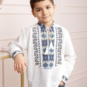 Camasa traditionala de baieti alba cu motiv floral albastru Mugur