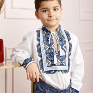 Camasa traditionala de baieti alba cu motiv floral albastru Nicolas