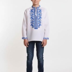 Camasa traditionala de baieti alba cu motiv floral albastru Razvan 01