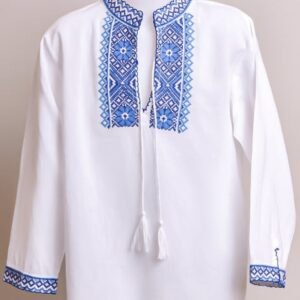 Camasa traditionala de baieti alba cu motiv floral albastru Robert 01
