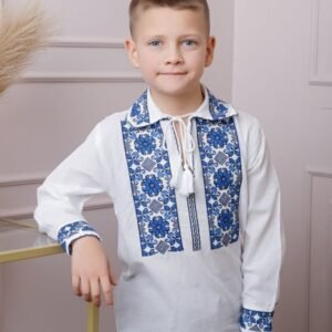 Camasa traditionala de baieti alba cu motiv floral albastru Silviu 03
