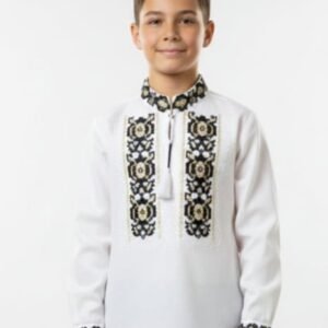 Camasa traditionala de baieti alba cu motiv floral bicolor Octavian