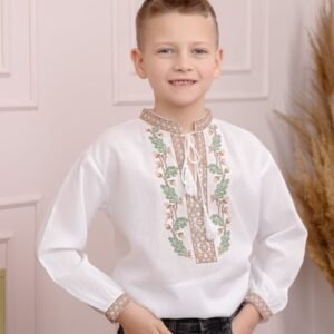 Camasa traditionala de baieti alba cu motiv floral crem Dragos
