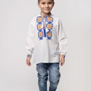 Camasa traditionala de baieti alba cu motiv floral galben Vladimir