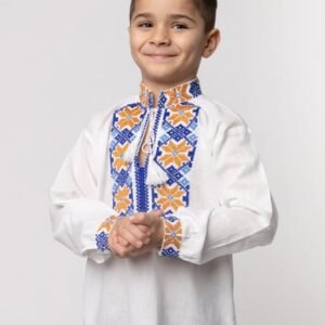 Camasa traditionala de baieti alba cu motiv floral galben Vladimir