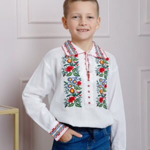 Camasa traditionala de baieti alba cu motiv floral multicolor Andrei