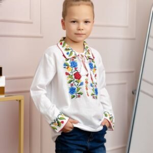 Camasa traditionala de baieti alba cu motiv floral multicolor Beniamin
