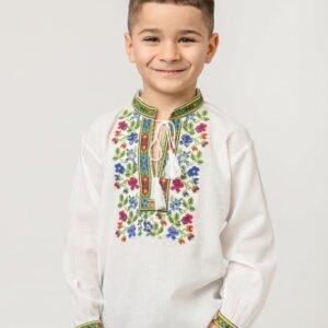 Camasa traditionala de baieti alba cu motiv floral multicolor Cezar