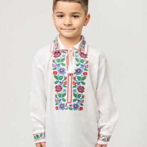 Camasa traditionala de baieti alba cu motiv floral multicolor Cosmin 01