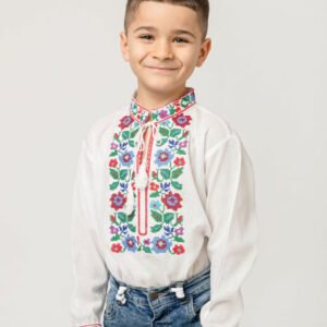 Camasa traditionala de baieti alba cu motiv floral multicolor Cosmin 02