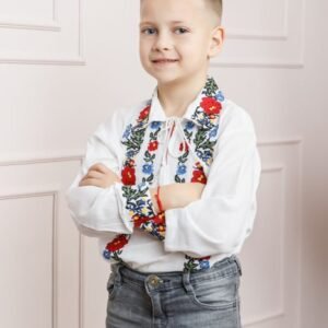 Camasa traditionala de baieti alba cu motiv floral multicolor Costin