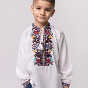 Camasa traditionala de baieti alba cu motiv floral multicolor Denis