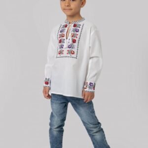 Camasa traditionala de baieti alba cu motiv floral multicolor Marc