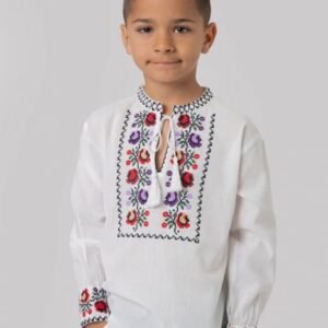 Camasa traditionala de baieti alba cu motiv floral multicolor Marc