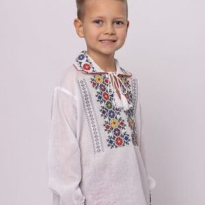 Camasa traditionala de baieti alba cu motiv floral multicolor Matei