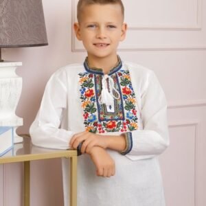 Camasa traditionala de baieti alba cu motiv floral multicolor Mihai